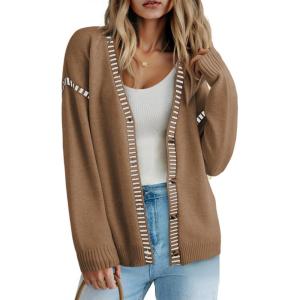 image:imageDokotoo Womens Oversized Cardigan Sweaters Casual Coats Long Sleeve Button Front Stripes Trim Fall OutfitsCamel