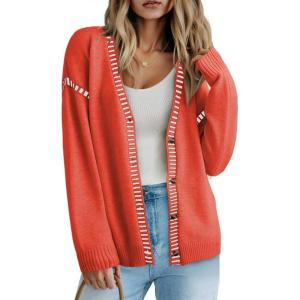 image:imageDokotoo Womens Oversized Cardigan Sweaters Casual Coats Long Sleeve Button Front Stripes Trim Fall OutfitsOrange