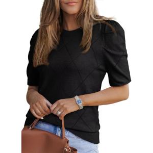 image:imageDokotoo Womens Short Puff Sleeve Knit Tops 2025 Round Neck Hollow Out Tops Cozy Sweaters for WomenBlack