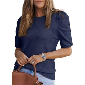 image:imageDokotoo Womens Short Puff Sleeve Knit Tops 2025 Round Neck Hollow Out Tops Cozy Sweaters for WomenBlue