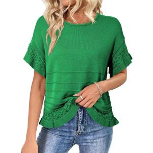 image:imageDokotoo Womens Short Sleeve Sweaters Tops Oversized Summer Casual Ruffled Hem Knit Pullover Cute Solid Color Crochet BlousesDark Green