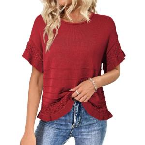 image:imageDokotoo Womens Short Sleeve Sweaters Tops Oversized Summer Casual Ruffled Hem Knit Pullover Cute Solid Color Crochet BlousesDark Red