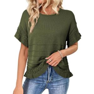 image:imageDokotoo Womens Short Sleeve Sweaters Tops Oversized Summer Casual Ruffled Hem Knit Pullover Cute Solid Color Crochet BlousesGreen