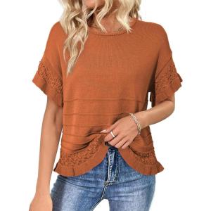 image:imageDokotoo Womens Short Sleeve Sweaters Tops Oversized Summer Casual Ruffled Hem Knit Pullover Cute Solid Color Crochet BlousesOrange