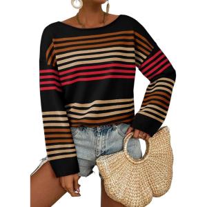 image:imageDokotoo Womens Striped Casual Sweaters 2025 Fall Trendy Loose Fit Knit Pullover TopsBlack