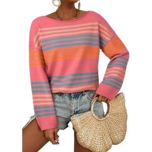 image:imageDokotoo Womens Striped Casual Sweaters 2025 Fall Trendy Loose Fit Knit Pullover TopsPeach Blossom