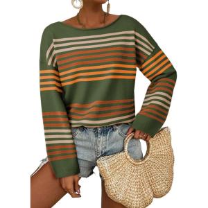 image:imageDokotoo Womens Striped Casual Sweaters 2025 Fall Trendy Loose Fit Knit Pullover TopsVineyard Green