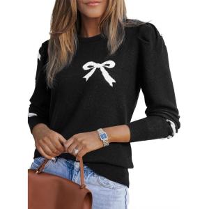 image:imageDokotoo Womens Sweaters 2025 Long Sleeve Crewneck Casual Tops Lightweight Wool Pullover Jumper ShirtsBlack Flower