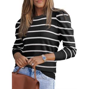 image:imageDokotoo Womens Sweaters 2025 Long Sleeve Crewneck Casual Tops Lightweight Wool Pullover Jumper ShirtsBlack Stripe