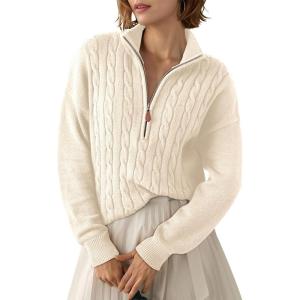 image:imageDokotoo Womens Sweaters 2026 Fall Winter Quarter Zip Casual Ribbed Cable Knit PulloverBeige