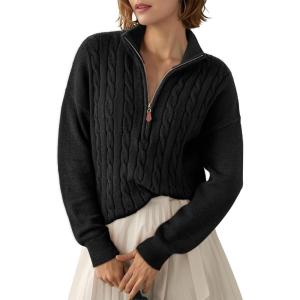 image:imageDokotoo Womens Sweaters 2026 Fall Winter Quarter Zip Casual Ribbed Cable Knit PulloverBlack