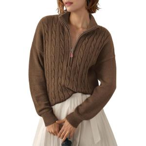 image:imageDokotoo Womens Sweaters 2026 Fall Winter Quarter Zip Casual Ribbed Cable Knit PulloverDesert Palm