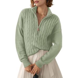 image:imageDokotoo Womens Sweaters 2026 Fall Winter Quarter Zip Casual Ribbed Cable Knit PulloverLaurel Green