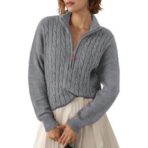image:imageDokotoo Womens Sweaters 2026 Fall Winter Quarter Zip Casual Ribbed Cable Knit PulloverMedium Grey