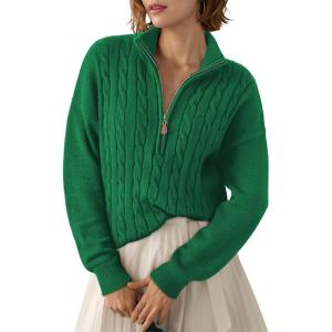 image:imageDokotoo Womens Sweaters 2026 Fall Winter Quarter Zip Casual Ribbed Cable Knit PulloverMist Green
