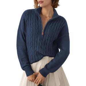 image:imageDokotoo Womens Sweaters 2026 Fall Winter Quarter Zip Casual Ribbed Cable Knit PulloverNavy Blue