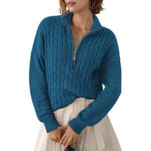 image:imageDokotoo Womens Sweaters 2026 Fall Winter Quarter Zip Casual Ribbed Cable Knit PulloverPeacock Blue