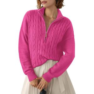 image:imageDokotoo Womens Sweaters 2026 Fall Winter Quarter Zip Casual Ribbed Cable Knit PulloverRose Red