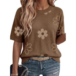 image:imageDokotoo Womens Sweaters Casual Creweck Short Sleeve Cotton Kint Summer Pullover Sweater TopsZ Brown
