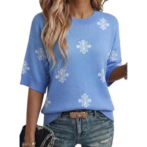 image:imageDokotoo Womens Sweaters Casual Creweck Short Sleeve Cotton Kint Summer Pullover Sweater TopsZ Sky Blue
