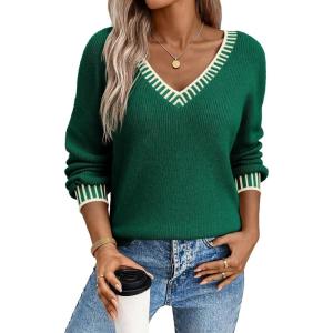 image:imageDokotoo Womens Sweaters Casual V Neck Long Sleeve Contrast Knit Pullover Sweater Solid Fall Outfits TopsDark Green