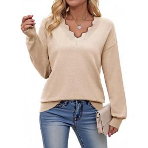image:imageDokotoo Womens Sweaters Casual V Neck Long Sleeve Lightweight Sweaters Loose Solid Tops Pullover SweaterBeige