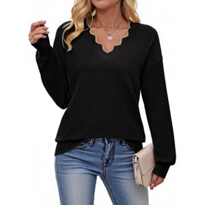 image:imageDokotoo Womens Sweaters Casual V Neck Long Sleeve Lightweight Sweaters Loose Solid Tops Pullover SweaterBlack