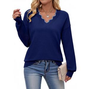 image:imageDokotoo Womens Sweaters Casual V Neck Long Sleeve Lightweight Sweaters Loose Solid Tops Pullover SweaterBlue