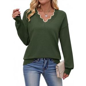 image:imageDokotoo Womens Sweaters Casual V Neck Long Sleeve Lightweight Sweaters Loose Solid Tops Pullover SweaterGreen
