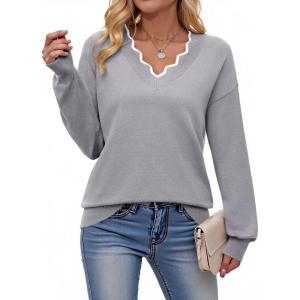 image:imageDokotoo Womens Sweaters Casual V Neck Long Sleeve Lightweight Sweaters Loose Solid Tops Pullover SweaterGrey