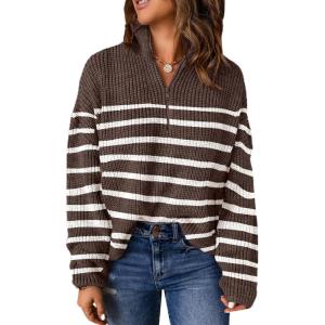 image:imageDokotoo Womens Sweaters Long Sleeve 14 Zip Pullover Polo V Neck Dressy Casual TopsBrown Stripe