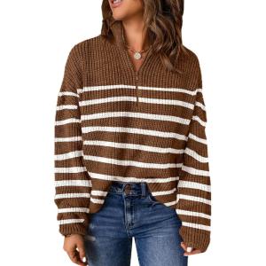 image:imageDokotoo Womens Sweaters Long Sleeve 14 Zip Pullover Polo V Neck Dressy Casual TopsChocolate Brown