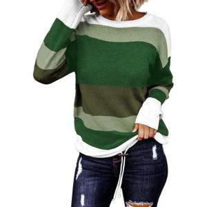 image:imageDokotoo Womens Sweaters Striped Fall Winter Outfits 2025 Crewneck Drawstring Color Block Fashion ClothingFern Green