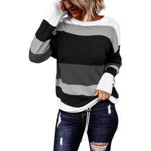 image:imageDokotoo Womens Sweaters Striped Fall Winter Outfits 2025 Crewneck Drawstring Color Block Fashion ClothingGray