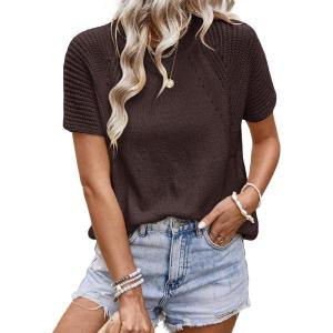 image:imageDokotoo Womens Tops Dressy Casual Summer Crewneck Short Sleeve Sweaters Knit Solid Trendy Hollow Out Shirts BlousesBrown