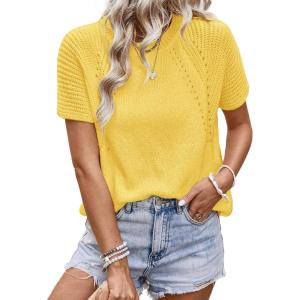 image:imageDokotoo Womens Tops Dressy Casual Summer Crewneck Short Sleeve Sweaters Knit Solid Trendy Hollow Out Shirts BlousesYellow