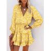 image:imageDokotoo Spring Dresses for Women 2026 Boho Floral Drawstring V Neck Smocked Long Sleeve Ruffle Tiered Chiffon Mini DressYellow