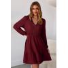 image:imageDokotoo Womens Dresses Spring Summer Elegant Lace Hollow Out Embroidered V Neck Long Sleeve Casual ALine Swing Mini DressBurgundy