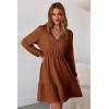 image:imageDokotoo Womens Dresses Spring Summer Elegant Lace Hollow Out Embroidered V Neck Long Sleeve Casual ALine Swing Mini DressCinnamon