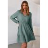 image:imageDokotoo Womens Dresses Spring Summer Elegant Lace Hollow Out Embroidered V Neck Long Sleeve Casual ALine Swing Mini DressGreen