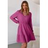 image:imageDokotoo Womens Dresses Spring Summer Elegant Lace Hollow Out Embroidered V Neck Long Sleeve Casual ALine Swing Mini DressRosy