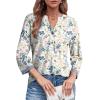 image:imageDokotoo Womens Tops Spring Summer 34 Length Sleeve Fashion TShirts V Neck Button Down Dressy Casual Loose Basic Tee BlousesFloral Blue