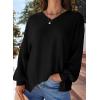 image:imageDokotoo Womens Waffle Knit Tops Fashion 2026 Long Lantern Sleeve Casual Blouses V Neck Oversized T ShirtsBlack