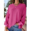 image:imageDokotoo Womens Waffle Knit Tops Fashion 2026 Long Lantern Sleeve Casual Blouses V Neck Oversized T ShirtsHot Pink
