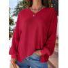 image:imageDokotoo Womens Waffle Knit Tops Fashion 2026 Long Lantern Sleeve Casual Blouses V Neck Oversized T ShirtsRed