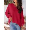 image:imageDokotoo Womens Waffle Knit Tops Fashion 2026 Long Lantern Sleeve Casual Blouses V Neck Oversized T ShirtsRed