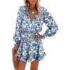 image:imageDokotoo Spring Dresses for Women 2026 Boho Floral Drawstring V Neck Smocked Long Sleeve Ruffle Tiered Chiffon Mini DressBlue