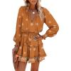 image:imageDokotoo Spring Dresses for Women 2026 Boho Floral Drawstring V Neck Smocked Long Sleeve Ruffle Tiered Chiffon Mini DressKhaki