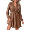 image:imageDokotoo Womens Dresses Spring Summer Elegant Lace Hollow Out Embroidered V Neck Long Sleeve Casual ALine Swing Mini DressBrown
