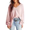 image:imageDokotoo Womens Waffle Knit Tops Fashion 2026 Long Lantern Sleeve Casual Blouses V Neck Oversized T ShirtsPink